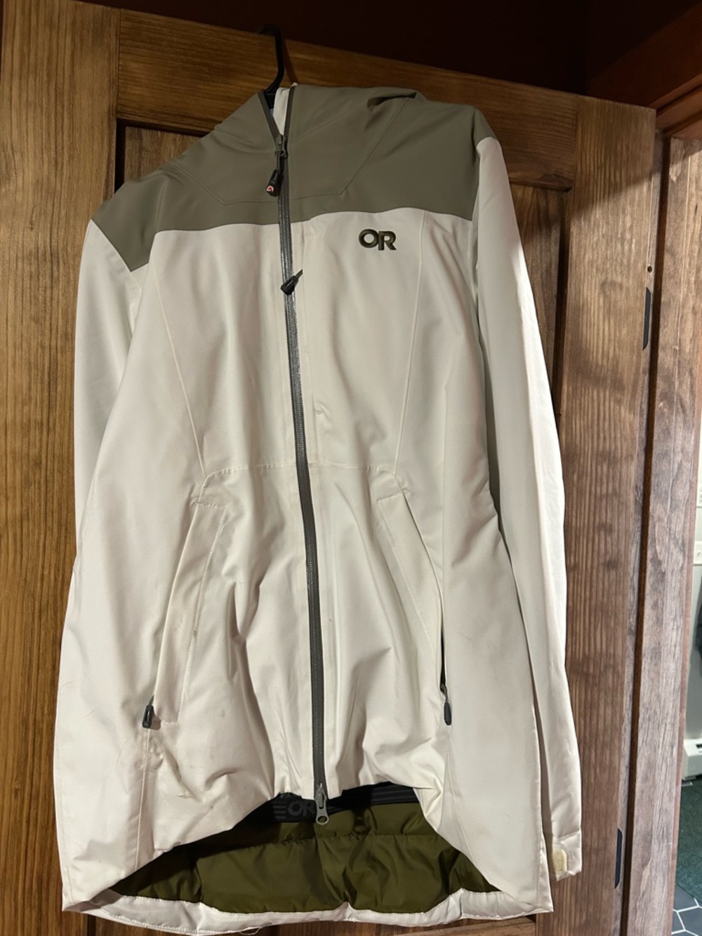 Outdoor Research Two-Tone Hooded Shell in Olive and Light Beige